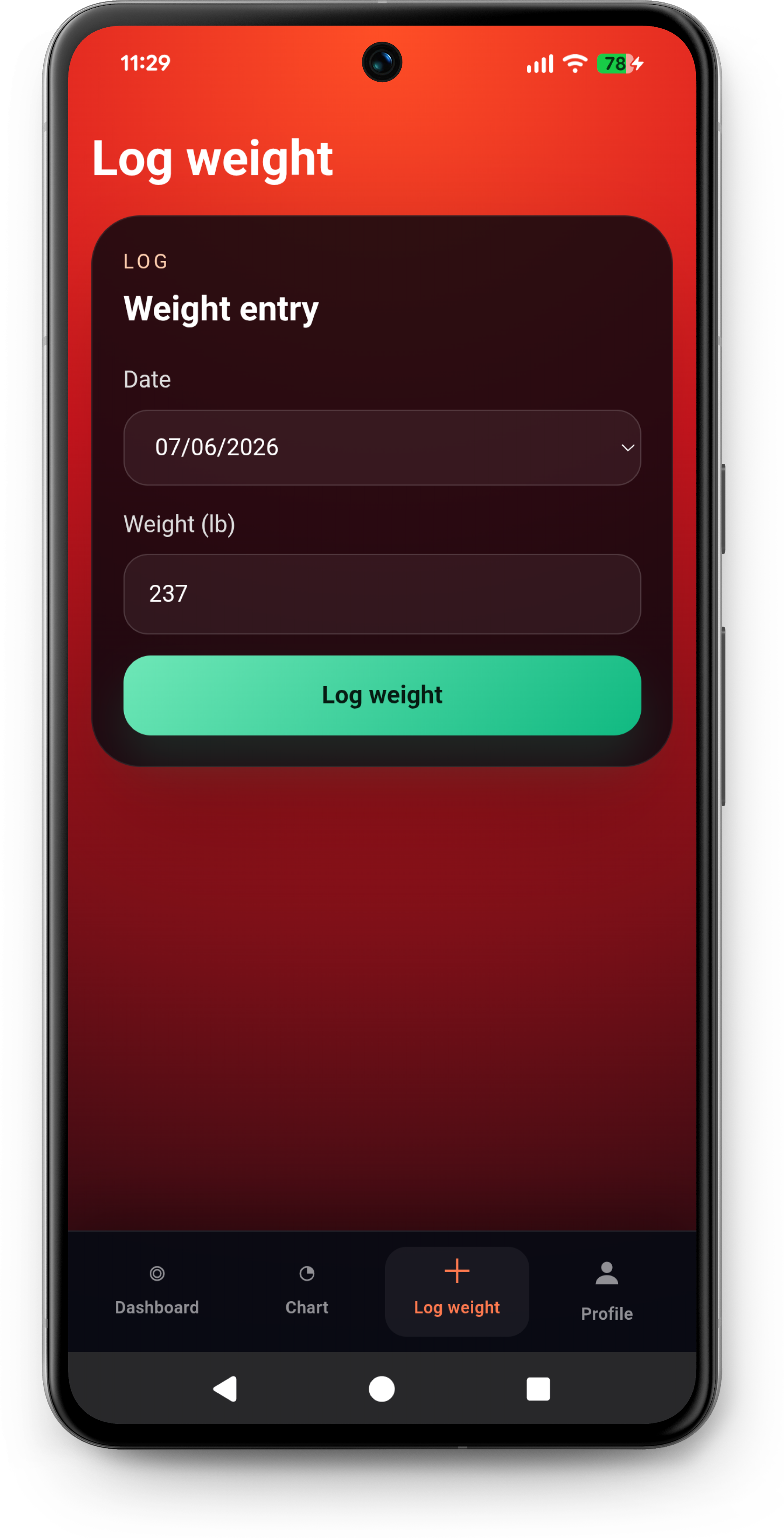 Burn weight trend chart screen