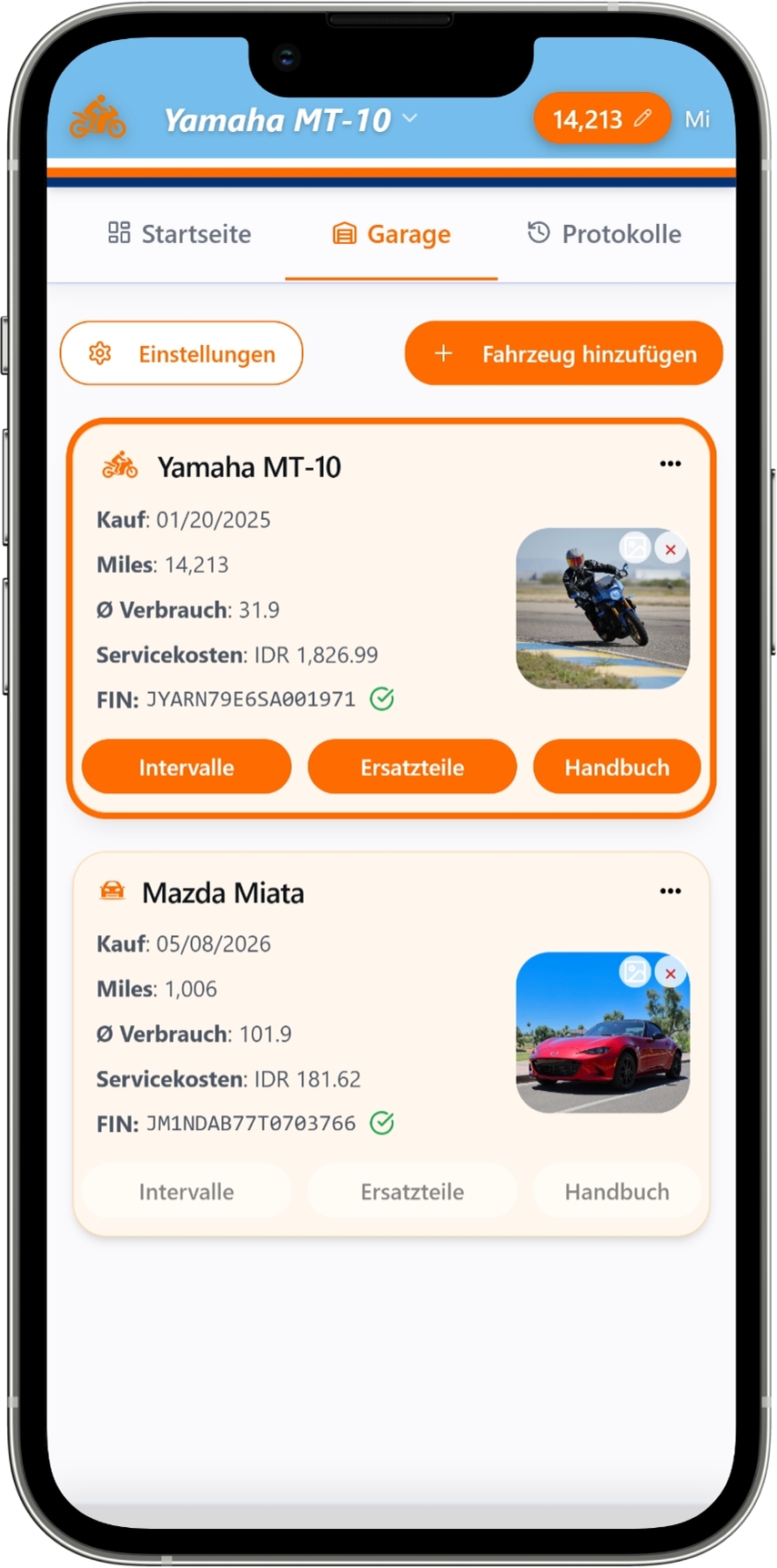 Moto Shed Bildschirm Wartungshistorie