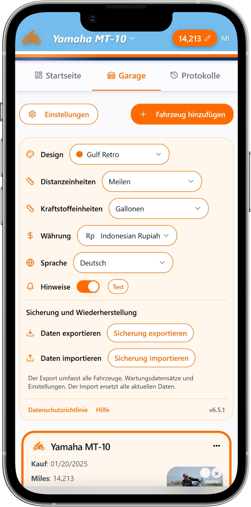 Moto Shed Bildschirm Kraftstoffverfolgung