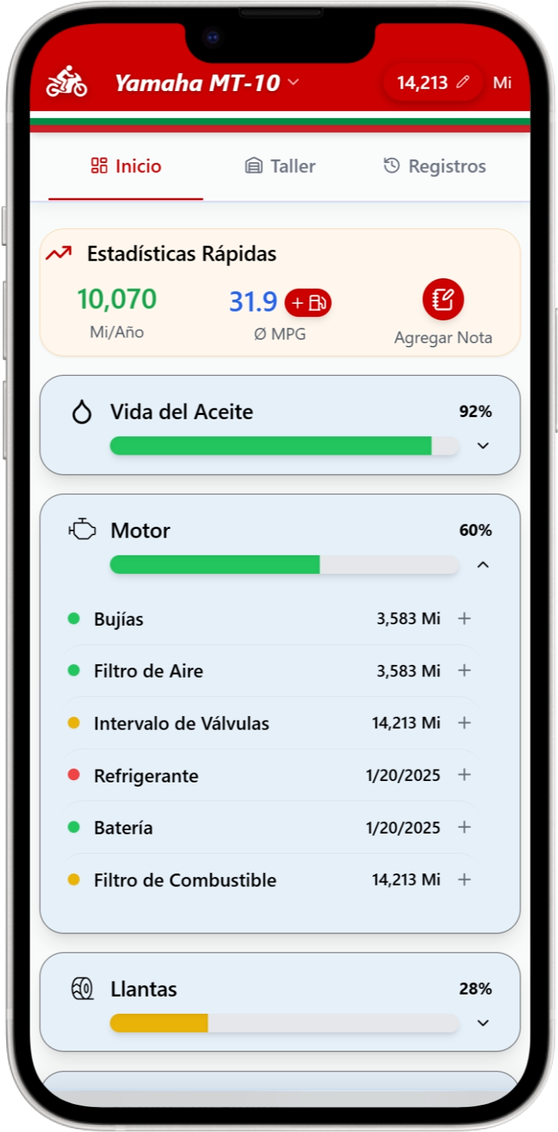 Pantalla de registro de servicio de Moto Shed