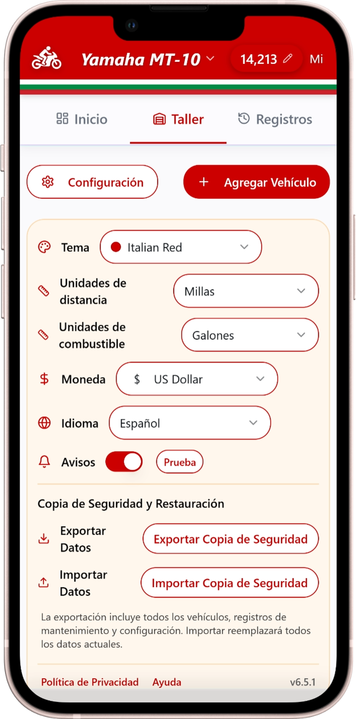 Pantalla de seguimiento de combustible de Moto Shed