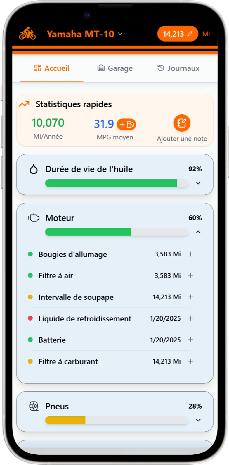 Écran du journal d'entretien de Moto Shed