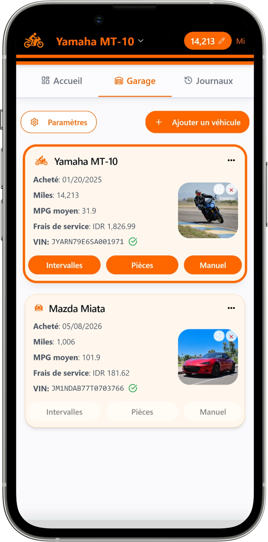 Écran de l'historique d'entretien de Moto Shed