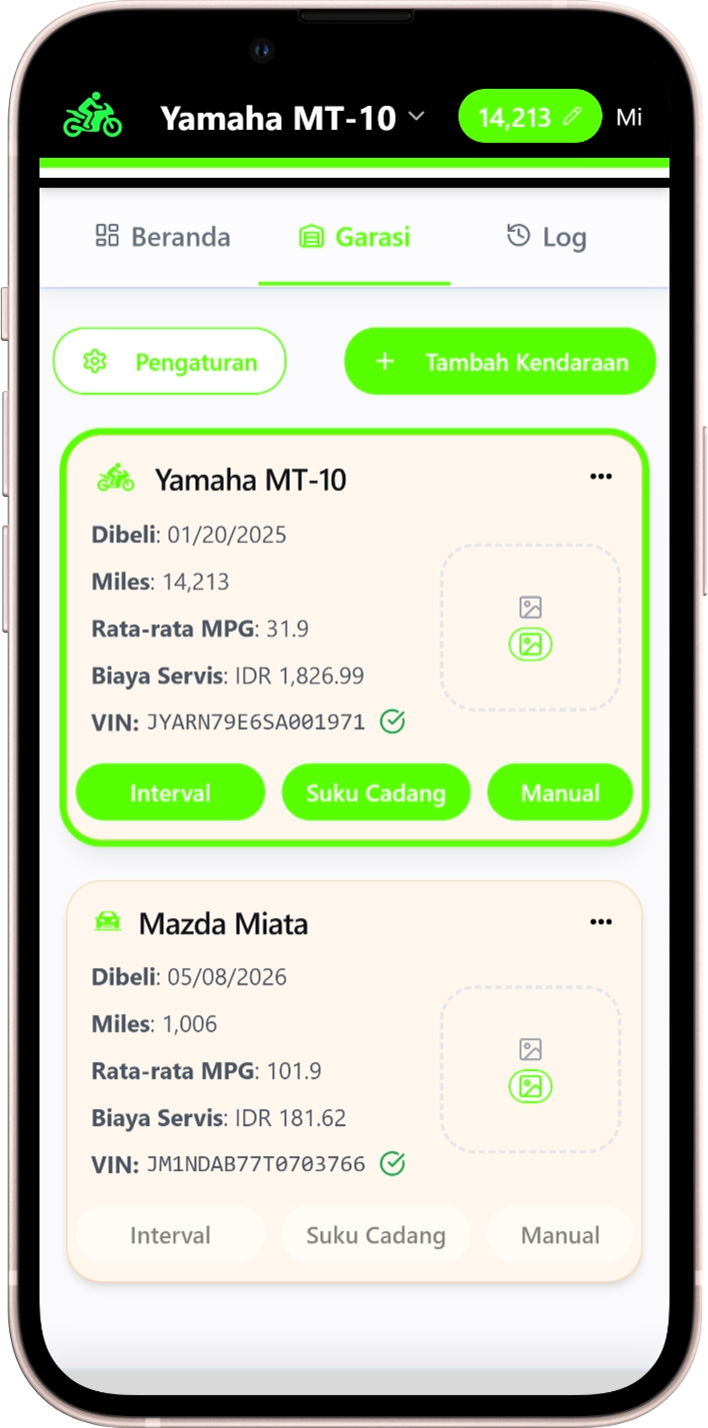 Layar riwayat perawatan Moto Shed