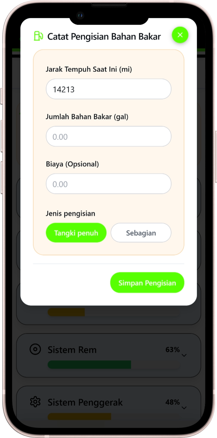 Layar pengingat perawatan Moto Shed