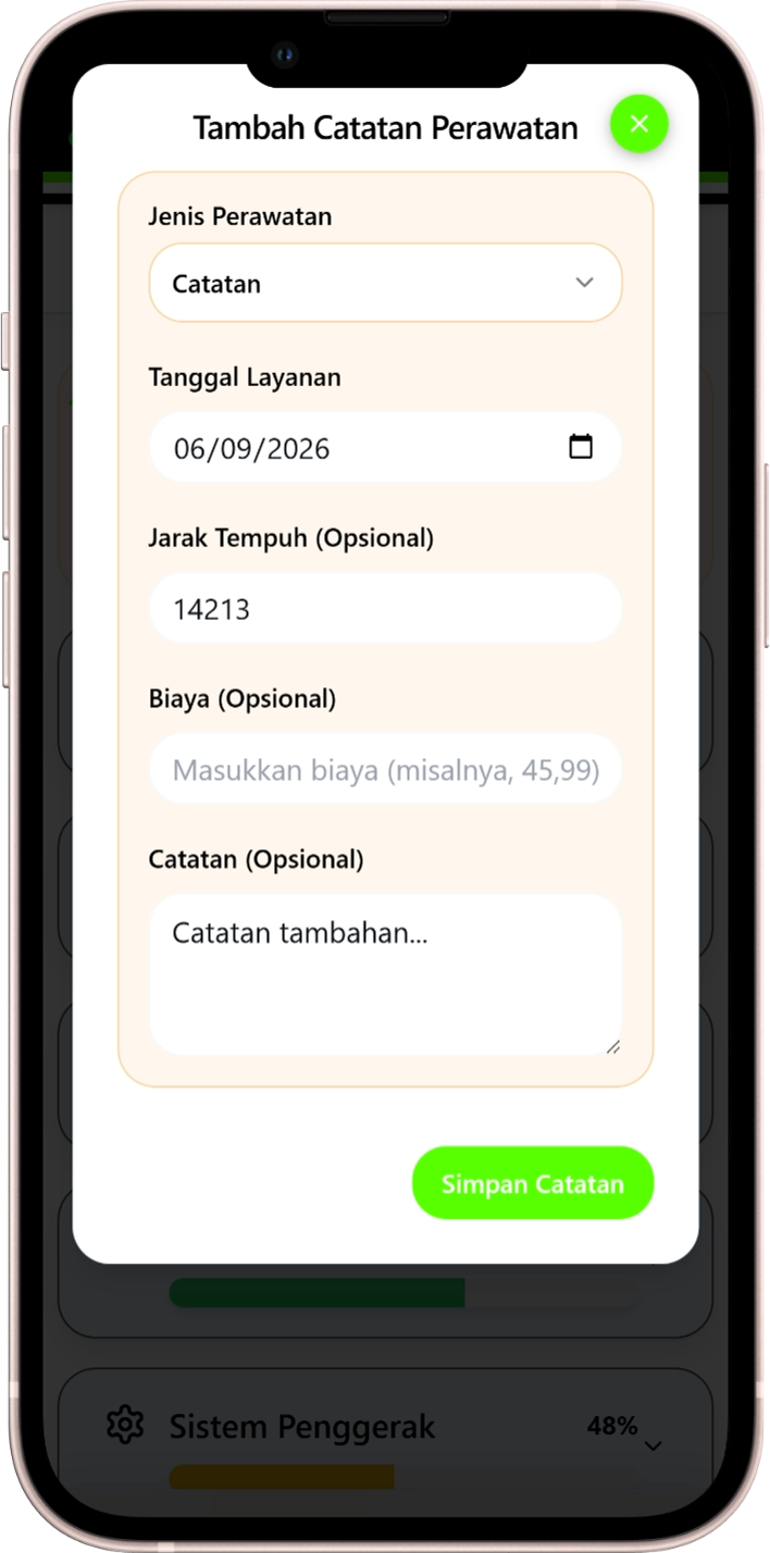 Layar laporan servis kendaraan PDF Moto Shed