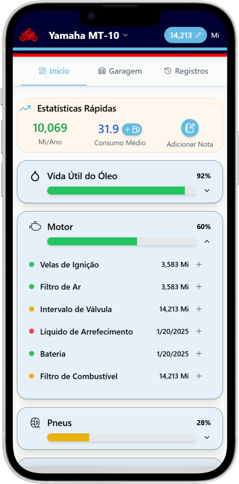 Tela de registro de serviços do Moto Shed