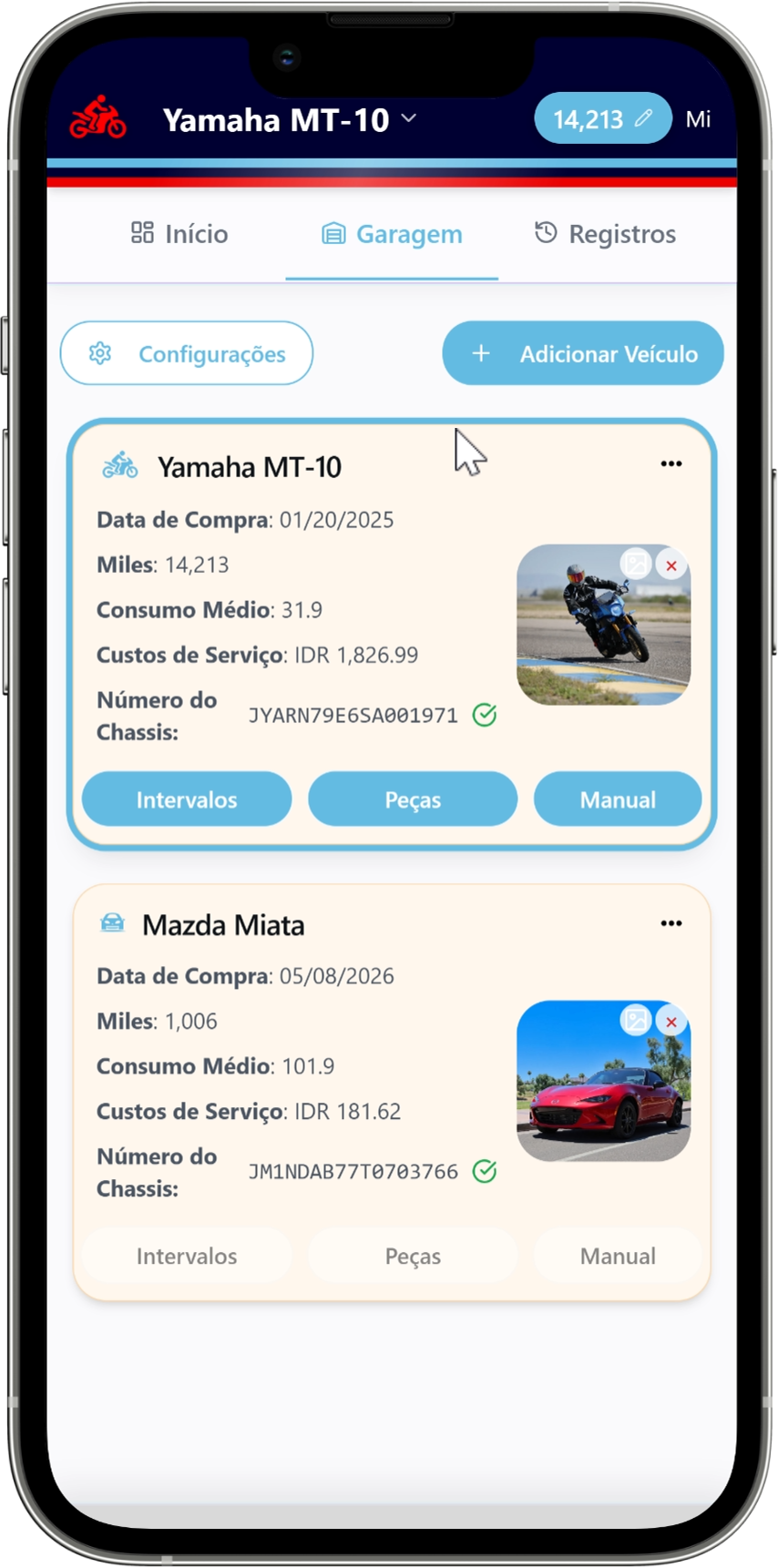 Tela de histórico de manutenção do Moto Shed