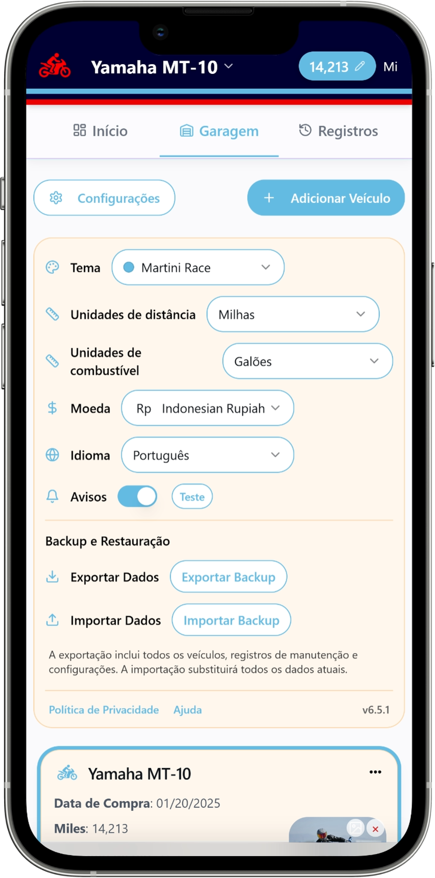 Tela de controle de combustível do Moto Shed