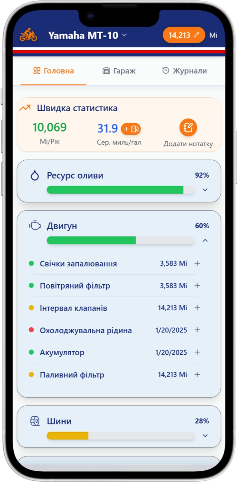 Екран журналу обслуговування Moto Shed
