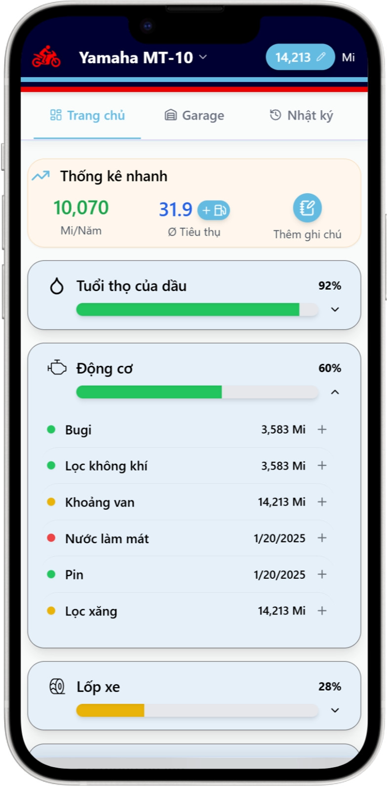 Màn hình nhật ký bảo dưỡng của Moto Shed