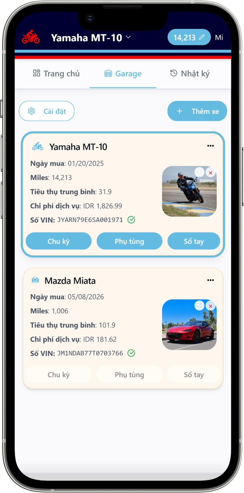 Màn hình lịch sử bảo dưỡng của Moto Shed